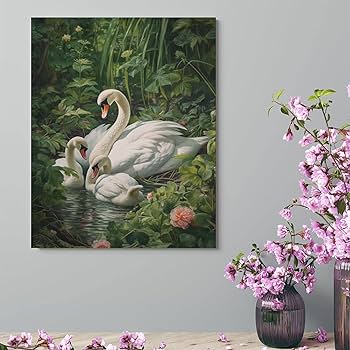 白鳥と子供の白鳥の絵画 参考作品】No.448 白鳥 湖 満月 スワン 風景画 絵画 開運絵画の